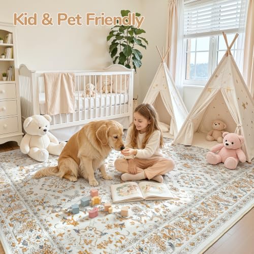Lessymo Floral 8x10 Area Rugs for Living Room,Large Washable Carpet Beige - Image 4