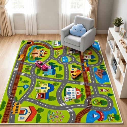 5x7 Ft Car Rug Play Mat for Kids, Non Slip Car Train Track Rug Town City Road Map Playmat for Children, Washable Carpet for Boy Playroom Bedroom - 60"x84" - Image 6