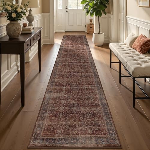 Brick Red 2x10 Rug Runners for Hallways Non Slip, Long Kitchen Runner Rugs Non Skid Washable, Vintage Famrhouse Low Pile Thin Print Carpet Runners for Entryway Corridor Mudroom Foyer by Jainmy