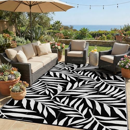 Smiry Outdoor Rug 6x9 ft Waterproof Reversible Leaf Mat, Black & White by Smiry