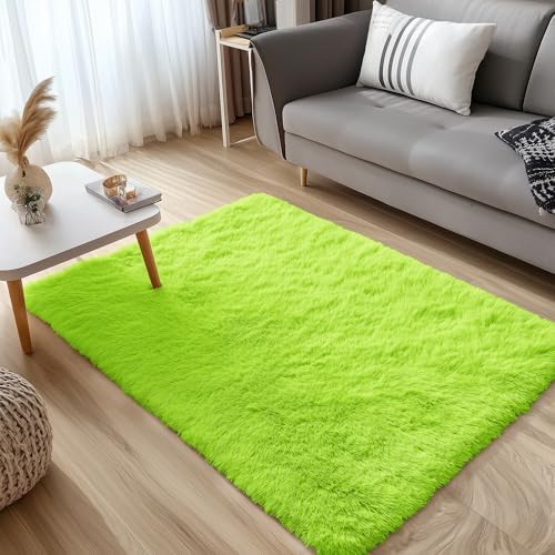OLANLY 3x5 Machine Washable Small Bedside Rug, Soft Fluffy Shaggy Rugs for Living Room, Bedroom, Indoor Floor Carpet for Kids Girls and Boys, Preppy Dorms, Nursery, Home Decor Aesthetic, Lime Green - Image 3