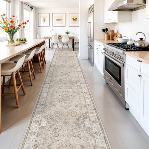 Hallway Washable Runner Rug - 3x16 Kitchen Rugs Entryway Rug Runner Vintage Soft Floor Mat Non Slip Indoor Farmhouse Carpet for Bathroom Living Room Bedroom (3 X 16, Beige) - Image 5