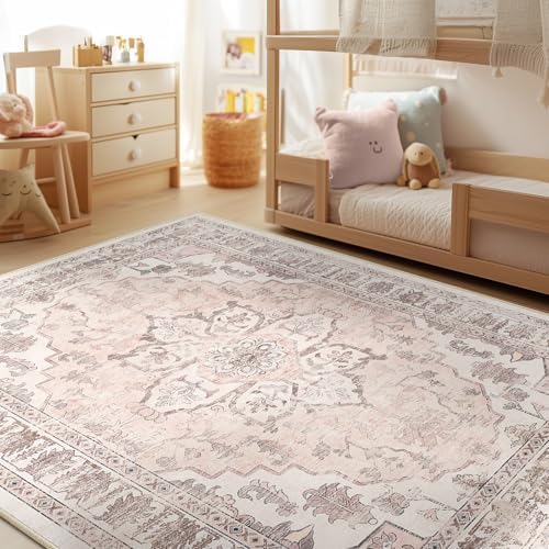 BESTSWEETIE Washable Boho 5x7 Area Rug for Living Room, Pink Beige Grey by BESTSWEETIE