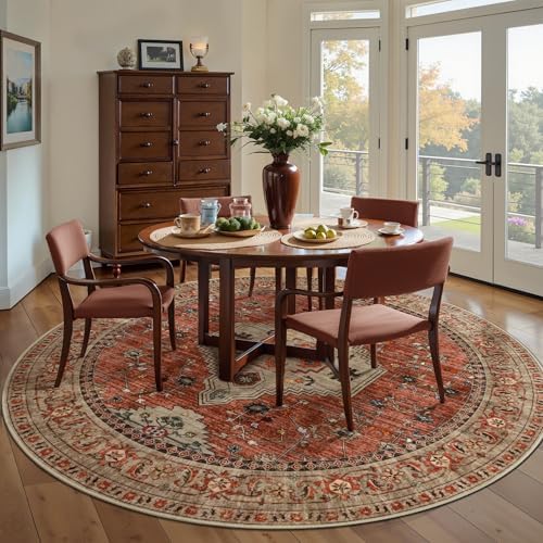 Tangsoo Boho Round Rug 4ft, Washable Non Slip Small Circle Rug Terracotta - Image 3