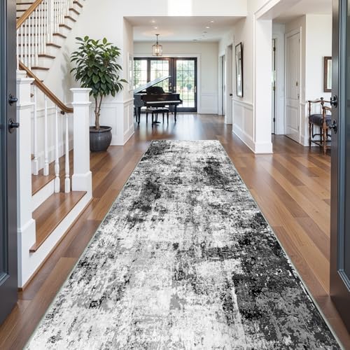 5x12 Runner Rug for Wide Hallway: Long Washable Runners for Entryway Living Room Dining Room - Stain and Water Resistant Rugs with Non-Slip Backing - Soft Low-Pile Carpet Black Grey by WIEVEDENS
