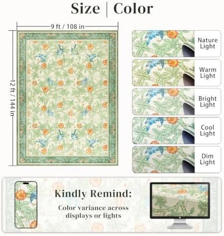 9x12 Large Area Rug, Green Floral Vintage Washable Rug for Living Room - Image 2
