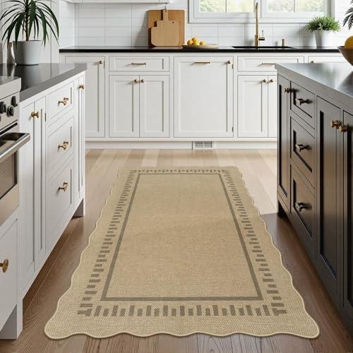 LIVEBOX Scalloped Washable 3x5 Outdoor Rug, Easy Jute Tan Rugs for Entryway Bedroom, Indoor Outdoor Non Slip Farmhouse Rugs for Patio Living Room, Geometric Carpet Front Door Mat for Porch Kitchen - Image 2