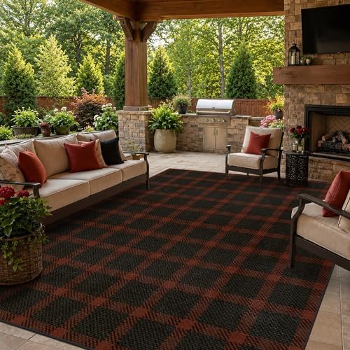 JTJ Easy Jute 8x10 Outdoor Rug, Black & Red Buffalo Plaid, Washable by JTJ