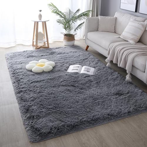 5x8 Grey Fluffy Shag Rug for Bedroom, Plush Washable Carpet by KICHOWUA