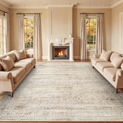 9x12 Area Rug for Living Room, Non-Slip Washable Beige Large Carpet by Lofus