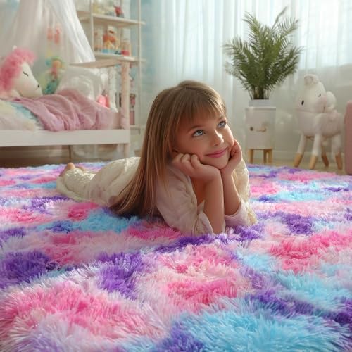 PAGISOFE Rainbow Purple Round Rug for Bedroom Girls 6Ft, Fluffy Cute Colorful Pastel Princess Carpet, Shaggy Girls Rug for Kids Room, Fuzzy Playroom Nursery Dorm Rugs, Hot Pink Purple Kids Room Decor - Image 3