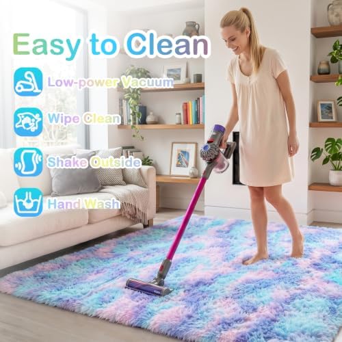 PAGISOFE 9x12 Rainbow Large Area Rug for Bedroom Girls, Cute Kawaii Purple Rainbow Princess Rugs for Kids Room Playroom Nursery Classroom, Plush Mermaid Rug,Clorful Room Decor for Teenage Pastel Rugs - Image 6