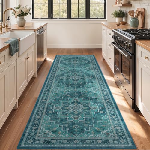 Washable Hallway Runner Rug 3'x8', Vintage Medallion, Boho Teal - Image 3