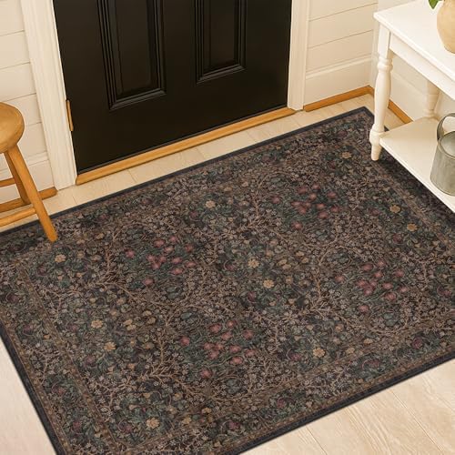Vintage Dark Brown 3x4 Entryway Rug, Washable Small Area Rugs for Entry Way, Kitchen, Bathroom, Door Mat Indoor Entrance, Mudroom, Oriental Floral Low Pile Stain Resistant Non-Slip Throw Rug by HazoHaus