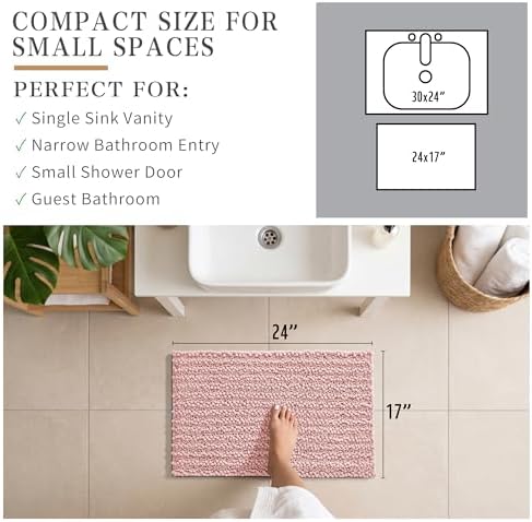 Yimobra Bathroom Rugs Non Slip Washable - Ultra Soft Absorbent Chenille Bath Mat, Quick Dry Shaggy Floor Carpet for Tub Shower, Light Pink Home Decor Accessories, 24x17 Inch - Image 3