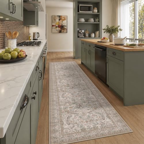Traditional Cottagecore 2'6"x10' Hallway Runner Rug Non Slip - Washable 10 ft Extra Long Rug for Kitchen, Entryway, Neutral Taupe Cream Stain Resistant Carpet - Image 3