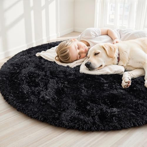 Black Round Fluffy Rug 6ft Plush Fuzzy Shaggy Carpet - Image 5