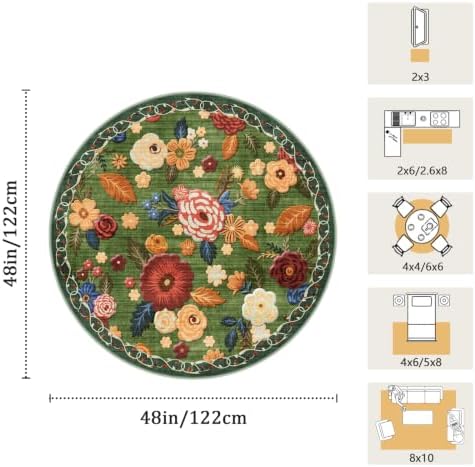 Washable 4ft Round Area Rug, Green Boho Floral Non-Slip for Bedroom Kitchen - Image 2