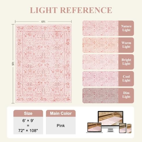 DUKINO 6x9 Area Rug, Vintage Floral Washable Rugs for Living Room, Pink - Image 2