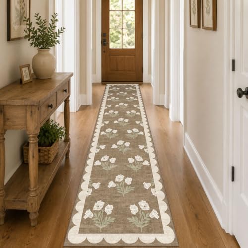 Non Slip Washable Hallway Runner Rug - 2x12 Extra Long Tan Kitchen Runner Rug Soft Boho Runners for Hallways Vintage Floral Scalloped Area Rug for Bedroom Entryway Foyer Stair Runner Decor by Othilic