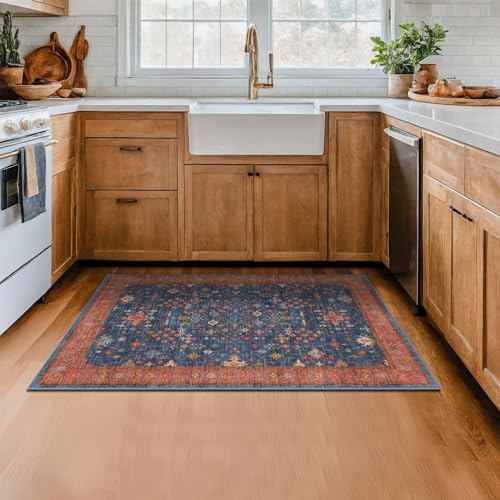 Large 3x5 Kitchen Rug Non Slip Machine Washable, Throw Rugs for Entryway Indoor, Floor Mat, Home Office Under Chair - Stain Resistant Non Skid Rubber Backing, Tribal Farmhouse Décor (3x5 Navy Blue) - Image 3