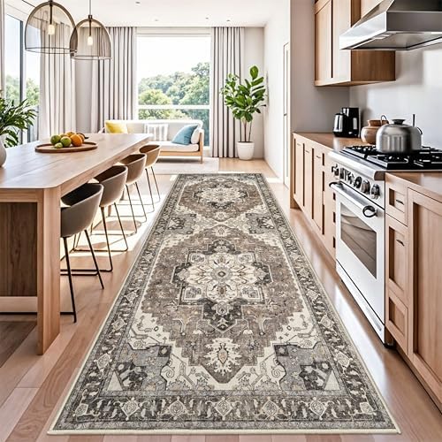 Washable Kitchen Runner Rug 4x12 - Low Pile Soft Rugs for Hallway Entryway Wide Vintage Stain Resistant Carpet with Non-Slip Rubber Backing Thin Indoor Floor Mat for Living Room Bedroom (Beige,4x12) by RUUGME