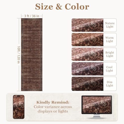 Washable Runner Rug 3x10, Vintage Farmhouse Dark Hallway Runner for Kitchen Floor Non Slip, Low Pile Thin Print Long Carpet Runner for Entryway Corridor Mudroom Foyer, Brick Red - Image 2