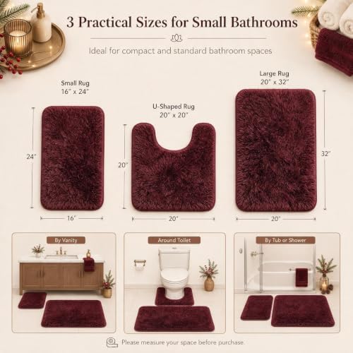 Burgundy Shaggy Bathroom Rugs Set Plush Velvet Bath Rugs Non-Slip Bath Mat Set 3 Piece,Washable Mats,Absorbent Shaggy Rugs Super Soft U-Shaped Toilet Rug,Bahroom Carpets for Bathroom,Tub,Shower - Image 2