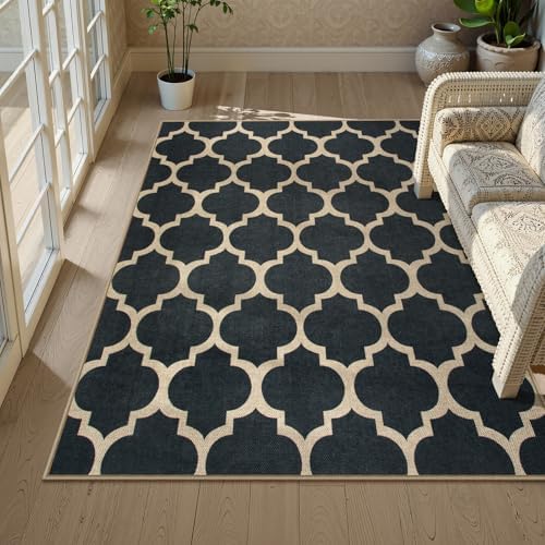 Lahome Moroccan Outdoor Rug 5x7, Easy Jute Black Washable Rugs for Patio Living Room, Geometric Trellis Woven Area Rug Non Slip for Backyard, Thin Non Shedding Farmhouse Carpet for Bedroom by Lahome