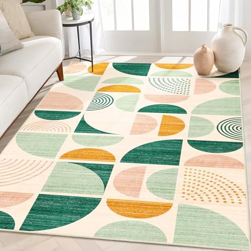 MUJOO Green Rug Boho Washable,4x6.5 Area Rugs for Bedroom Entryway Living Room Bedside,Small Throw Floor Carpet Non Slip Soft Indoor Modern Abstract Sage Green by MUJOO