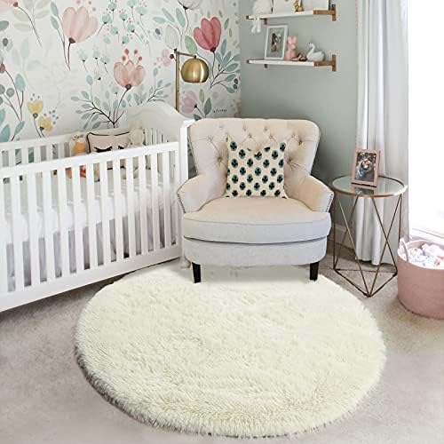 Amdrebio Cream Ivory White Small Round Fluffy Rug 3Ft for Bedroom Kids Room - Image 5