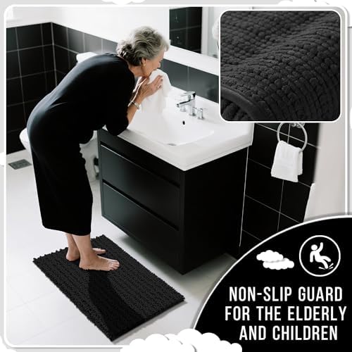 Yimobra Bathroom Runner Rug 70x24 Inch - Extra Long Non Slip Chenille Bath Mat, Soft & Absorbent, Machine Washable Shaggy Hallway Carpet for Vanity Tub Shower, Black Home Decor Accessories - Image 6