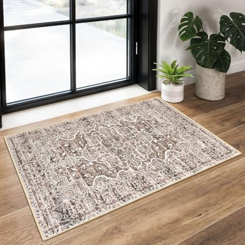 KUTA Vintage Floral Rugs 2x3 Washable Entryway Small Area Rug Brown by KUTA