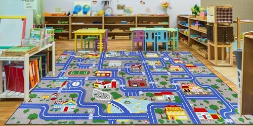 Capslpad Blue Car Road Kid Rug Carpet Playmat for Playoom Traffic Road Kids Play Mat for Toddler Non Slip Washable City Map Race Track Carpet Rug for Kids Room Playroom Classroom Decor,6.6'x9.8' by CapslpadDirect