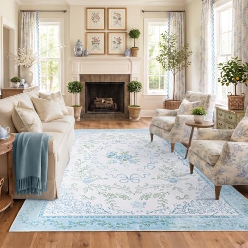 Blue and Green Floral Rug, Light Blue Preppy Rug for Nursery Girls Room Dorm, Washable French Country Cottage Core Shabby Chic Bow Grand Millenial Scalloped Area Rug, 5x7, Baby Blue and White - Image 5
