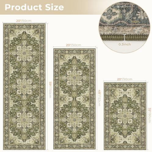 3 Piece Kitchen Rugs Sets with Runner, Washable Non Slip Soft Boho Kitchen Mats, Low Pile Stain Resistant Carpet for Hallway, Laundry Room, Entryway, Home Decor (20"x32"+20"x48"+20"x59", Olive Green) - Image 2