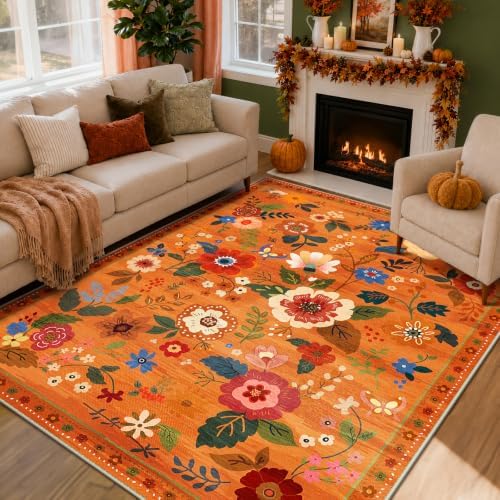 RELEANY Floral Washable 8x10 Area Rugs BurntOrange by RELEANY