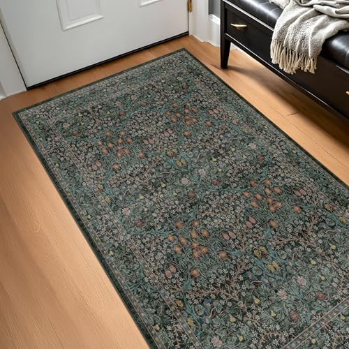 Dark Green Washable Entry Rug, 3x4 Rugs for Entryway Kitchen Bathroom Door Mat Indoor Entrance, Non Slip Rubber Backing, Stain & Fade Resistant, Vintage Floral Design by HazoHaus
