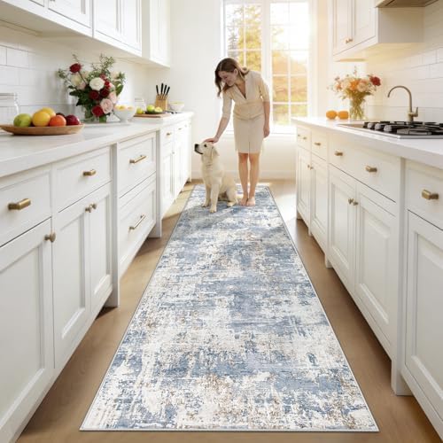XLUEZ 2.6x8 Runner Rug for Hallway, Washable Modern Abstract Runner Rugs Neutral Soft Non Slip Kids Rug Stain Resistant Indoor Runners for Entryway Bedroom Kitchen Laundry Room(Blue, 2'6''x8') - Image 3