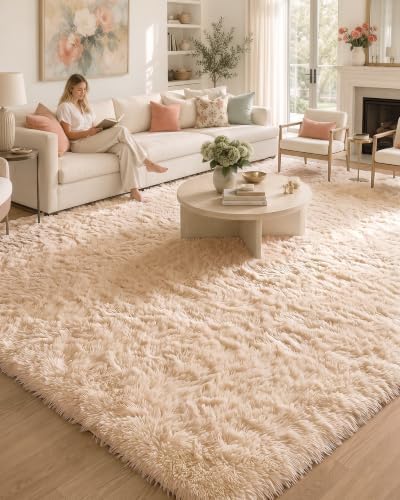OLANLY 9x10 Machine Washable Large Area Rugs for Living Room, Bedroom, Soft Fluffy Shaggy Bedside Rug, Indoor Floor Carpet for Kids Girls and Boys, Dorms, Nursery, Home Decor Aesthetic, Beige by OLANLY