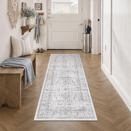 2x5 Washable Kitchen Runner Rug Non-Slip Vintage Gray Throw Carpet - Image 3