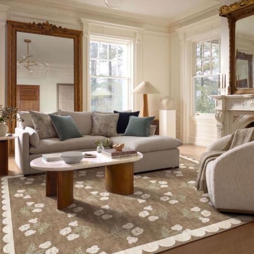 8x10 Area Rug for Living Room - Soft Washable Boho Bedroom Rug Non Slip Stain Resistant Tan Cottage Neutral Farmhouse Floral Scalloped Rugs for Bedroom Nursery Dining Room Rugs Under Table - Image 7
