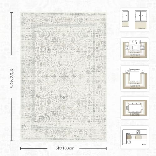 6x9 Area Rugs, Washable Vintage Retro Floral Rug for Living Room, Low Pile Non Slip Distressed Large Carpet for Bedroom, Dining Room, Office, Home (Beige Grey) - Image 2