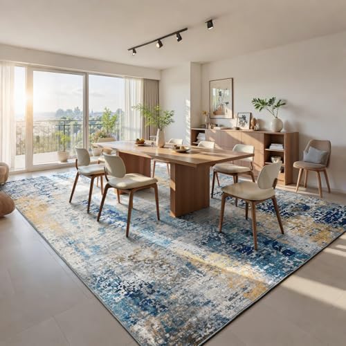 Living Room Rug 7x10 Ultramarine Area Rugs Machine Washable Abstract Boho Large Rug Non-Slip Non-Shedding Faux Wool Indoor Vintage Carpet for Bedroom, Classroom, Dining Room, Kids Playroom - Image 2