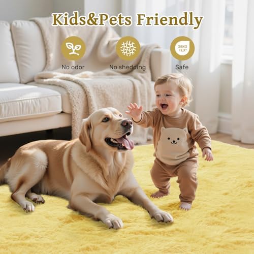5x7 Yellow Rug for Living Room Shag Area Rugs Fluffy Bedroom Plush Carpet Thick Non Slip for Nursery Kids PlayRoom Home Decor Aesthetic - Image 6