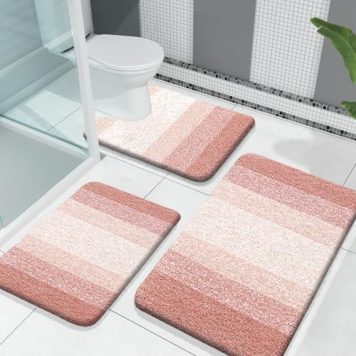 OLANLY Microfiber Bathroom Rugs Sets 3 Piece, Absorbent Bath Mats, Peach by OLANLY