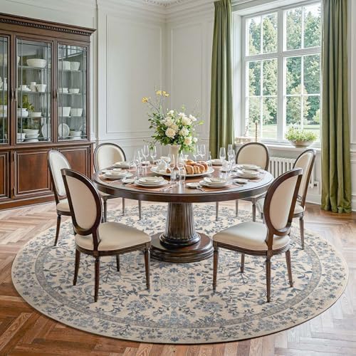 jinchan 8ft Washable Round Area Rug, Vintage Floral, Blue/Cream by JINCHAN