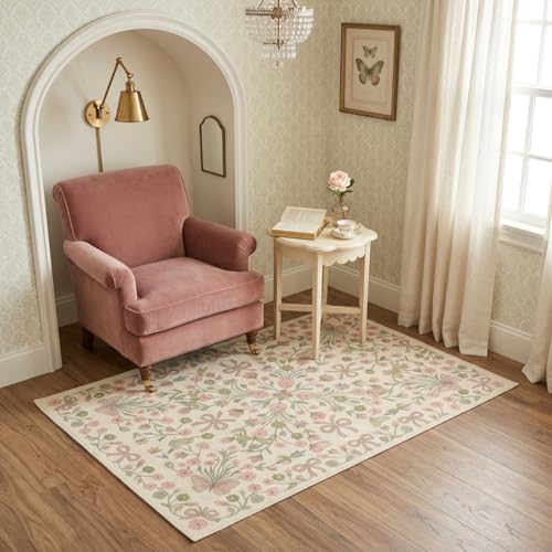 3x5 Pink and Green Floral Butterfly Bow Area Rug for Living Room - Image 4