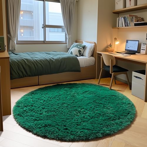 Dark Green Fluffy Round Rug Circle Area Rugs 4ft for Kids Teen Bedroom by ONASAR