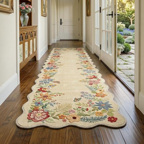FMFUNCTEX 2x8 Hallway Runner Rug Washable Beige Floral Vintage Scalloped - Image 2